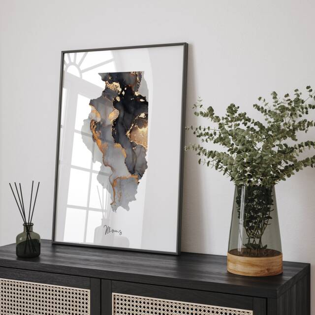 Illinois Map Black & Gold Wall Art Print Us State - Usa United States Of America - image 1
