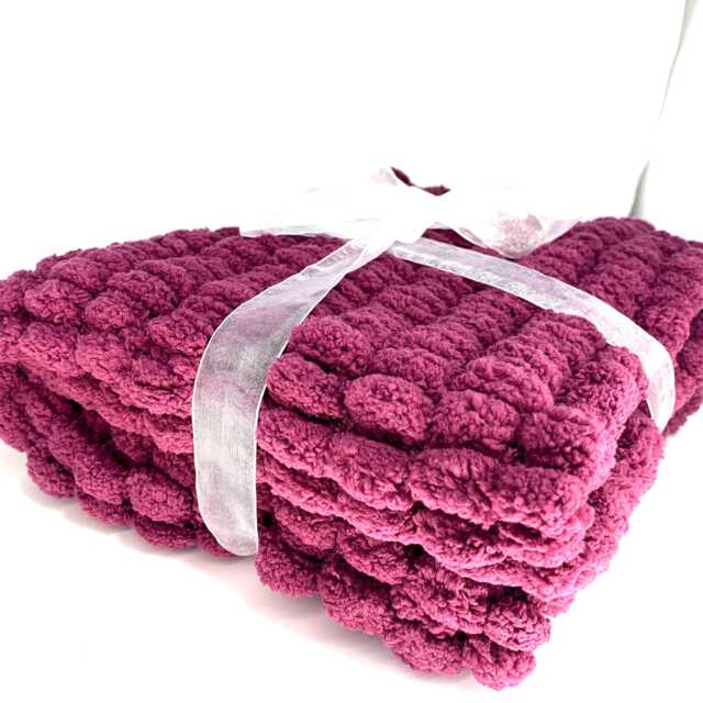 Hand Knitted Pom Wool Pram Cover, Chunky Pink Baby Blanket - image 1