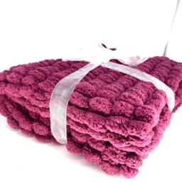 Hand Knitted Pom Wool Pram Cover, Chunky Pink Baby Blanket - thumbnail 1