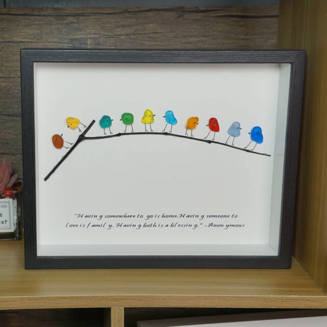 Handmade Sea Glass Rainbow Birds Framed Art Family Quote Decor - image 1