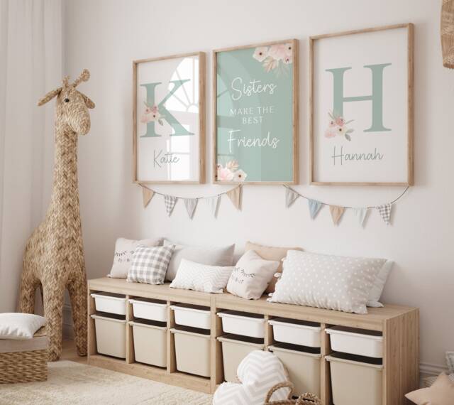 Set Of 3 Sisters Print Rainbow Floral Girls Bedroom Decor, Personalised - image 1