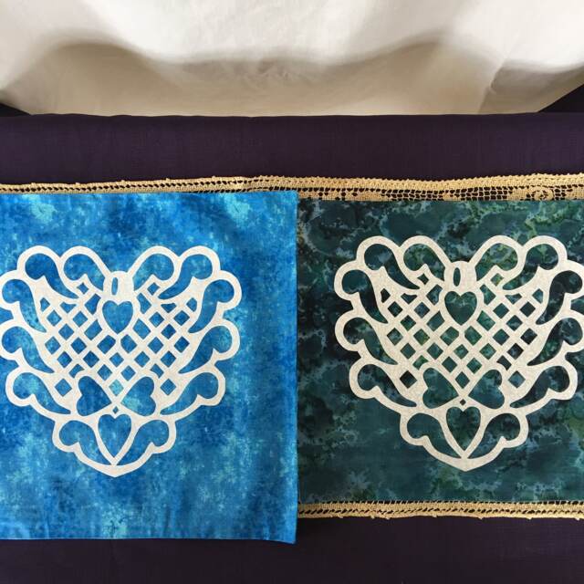 One Hand Cut Quilt Square Wall Hanging. Finished Fabric Lining Fused Cutwork Heart Design By Linda Pool Hanging, Color Choice - image 1