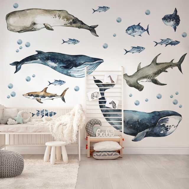 Ocean Animals Wall Decals Peel & Stick - Watercolor Whales, Sharks Nursery Sea Life Stickers - image 1