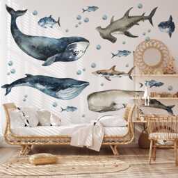 Ocean Animals Wall Decals Peel & Stick - Watercolor Whales, Sharks Nursery Sea Life Stickers - thumbnail 2