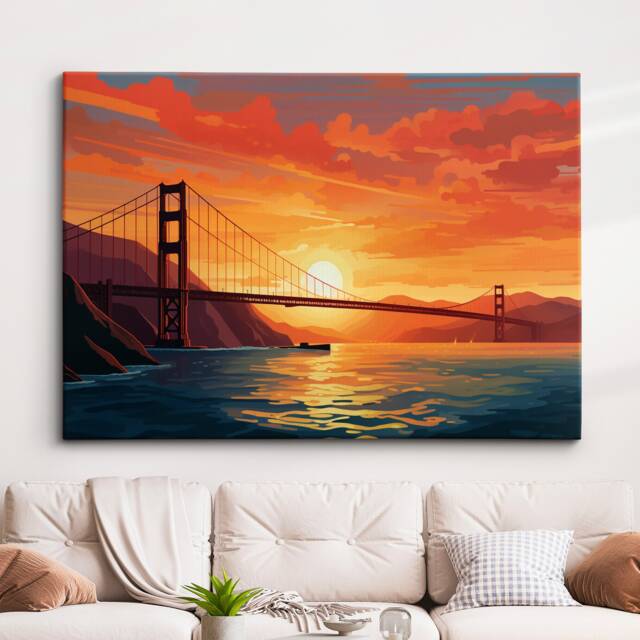 San Francisco Bay Golden Gate Bridge Sunset Abstract Modern Painting Wall Art Framed Canvas Poster Print Home/Office Room Decor, Gifts - image 1