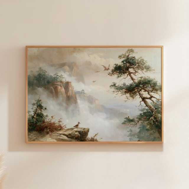 Misty Cliff Poster, Pine Mountain Print, Nature Wall Art, Paper - image 1