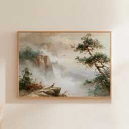 Misty Cliff Poster, Pine Mountain Print, Nature Wall Art, Paper - thumbnail 1