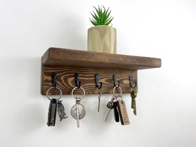 Wooden Key Holder With Shelf, Rustic Wall Mounted Rack, Handcrafted Hallway Storage, Metal Hooks, Handmade Shelving, Solid Wood - image 1