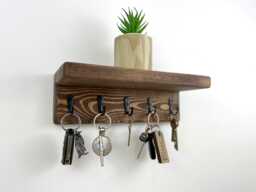 Wooden Key Holder With Shelf, Rustic Wall Mounted Rack, Handcrafted Hallway Storage, Metal Hooks, Handmade Shelving, Solid Wood - thumbnail 1