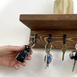 Wooden Key Holder With Shelf, Rustic Wall Mounted Rack, Handcrafted Hallway Storage, Metal Hooks, Handmade Shelving, Solid Wood - thumbnail 2