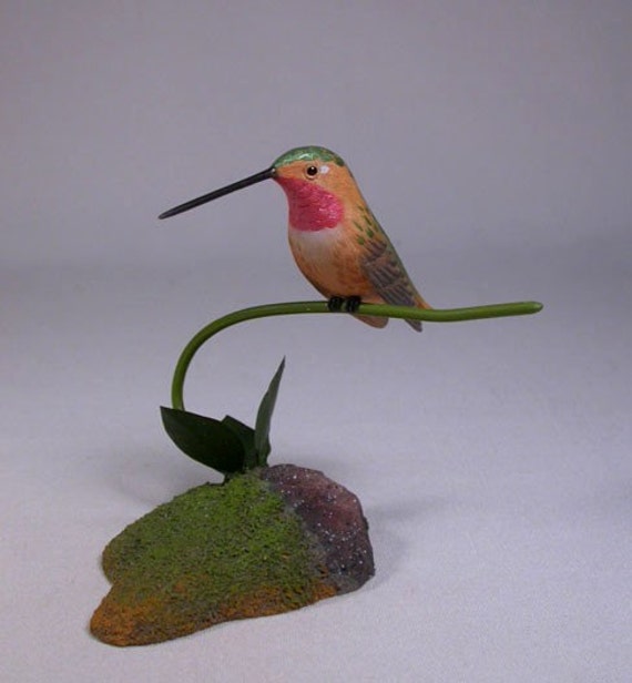 Rufous Hummingbird Hand Carved Wooden Bird - image 1