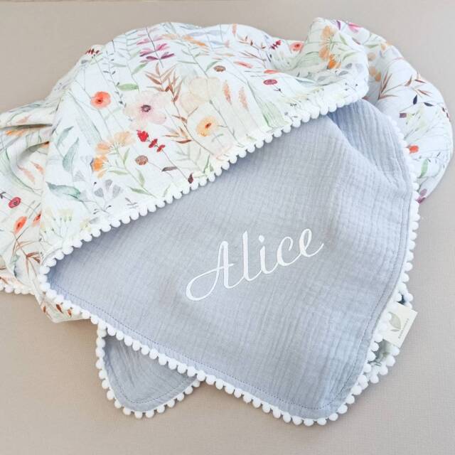 Personalized Floral Baby Swaddle, Organic Cotton Muslin Pom Blanket - image 1