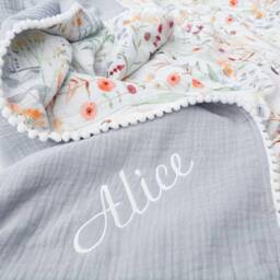 Personalized Floral Baby Swaddle, Organic Cotton Muslin Pom Blanket - thumbnail 2