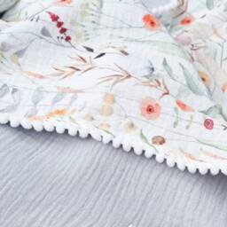 Personalized Floral Baby Swaddle, Organic Cotton Muslin Pom Blanket - thumbnail 3