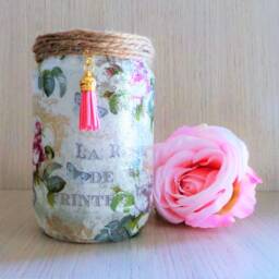 French Rose Decoupage Light Up Jar Vintage Floral Vase - thumbnail 2