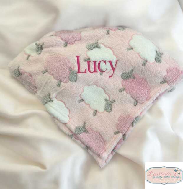 Personalised New Born Baby Blanket, Micro Fleece Embroidered Name, Pink White Sheep Girl Gifts For Babies - image 1