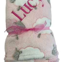 Personalised New Born Baby Blanket, Micro Fleece Embroidered Name, Pink White Sheep Girl Gifts For Babies - thumbnail 2