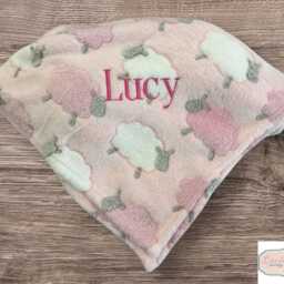 Personalised New Born Baby Blanket, Micro Fleece Embroidered Name, Pink White Sheep Girl Gifts For Babies - thumbnail 3