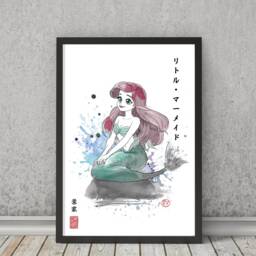 Anime Ariel Art Print Sumi-E Japanese Ink Brush Fanart - thumbnail 2