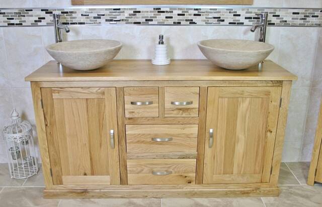 Solid Oak Bathroom Vanity Unit Cabinet Marble Travertine Bowl Basin Tap Plug 603Sbcx2 - image 1