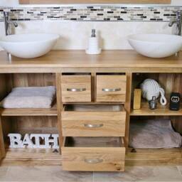 Solid Oak Bathroom Vanity Unit Cabinet Marble Travertine Bowl Basin Tap Plug 603Sbcx2 - thumbnail 3