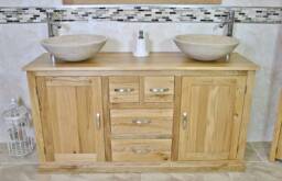 Solid Oak Bathroom Vanity Unit Cabinet Marble Travertine Bowl Basin Tap Plug 603Sbcx2 - thumbnail 1