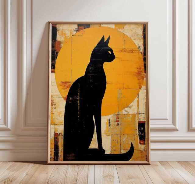 Black Cat Poster, Modern Abstract Wall Art Print, Golden Sun Silhouette Painting, Minimalist Feline Artwork Home Decor - image 1