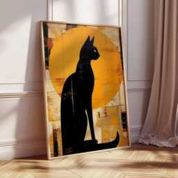 Black Cat Poster, Modern Abstract Wall Art Print, Golden Sun Silhouette Painting, Minimalist Feline Artwork Home Decor - thumbnail 2