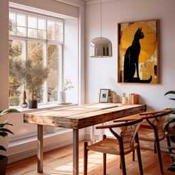 Black Cat Poster, Modern Abstract Wall Art Print, Golden Sun Silhouette Painting, Minimalist Feline Artwork Home Decor - thumbnail 3