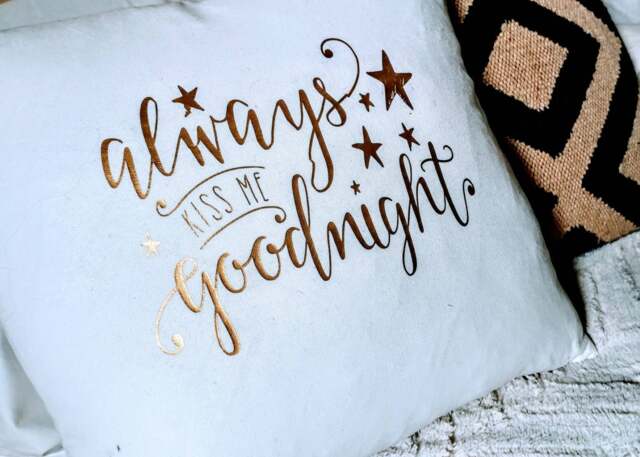 Always Kiss Me Goodnight. Canvas Throw Pillow. Pillow Cover. Cream & Gold