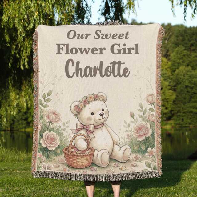 Personalized Flower Girl Blanket, Teddy Bear Keepsake, Custom Name Classic Watercolor Throw, Proposal Gift - image 1
