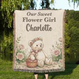 Personalized Flower Girl Blanket, Teddy Bear Keepsake, Custom Name Classic Watercolor Throw, Proposal Gift - thumbnail 1