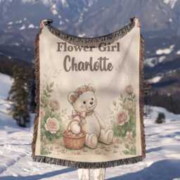 Personalized Flower Girl Blanket, Teddy Bear Keepsake, Custom Name Classic Watercolor Throw, Proposal Gift - thumbnail 3