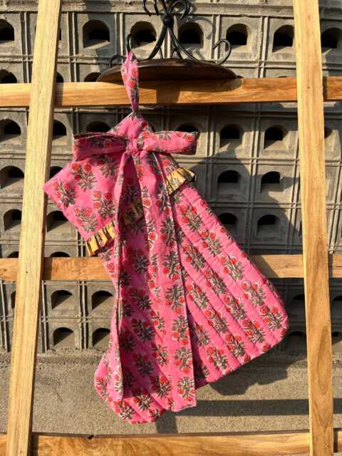 Handmade Quilted Christmas Stocking Pink Floral Block Print Cotton Xmas Decor - image 1