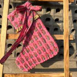Handmade Quilted Christmas Stocking Pink Floral Block Print Cotton Xmas Decor - thumbnail 2