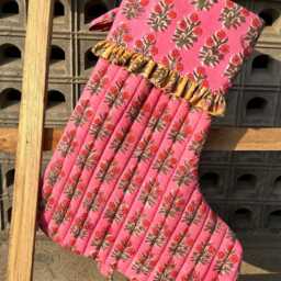 Handmade Quilted Christmas Stocking Pink Floral Block Print Cotton Xmas Decor - thumbnail 3