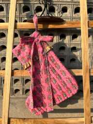 Handmade Quilted Christmas Stocking Pink Floral Block Print Cotton Xmas Decor - thumbnail 1