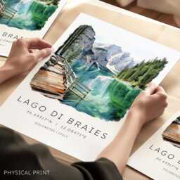 Dolomites Travel Print, Italian Lakes, Lago Di Braies Poster, Italy Hiking, Wall Prints, Decor - thumbnail 1