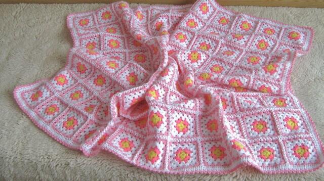 Handmade Granny Square Crochet Baby Blanket, Pink White Yellow - image 1