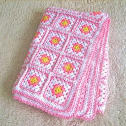 Handmade Granny Square Crochet Baby Blanket, Pink White Yellow - thumbnail 4