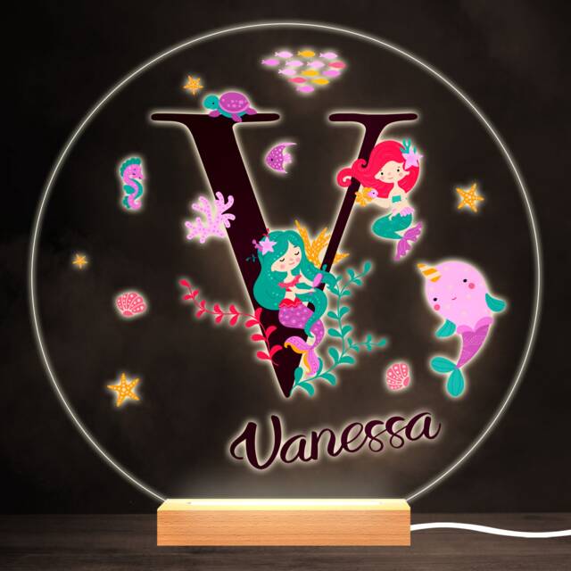 Sealife With Mermaids Alphabet Letter V Round Personalised Gift Lamp Night Light - Bedroom - image 1