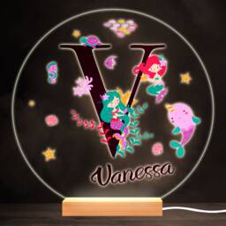 Sealife With Mermaids Alphabet Letter V Round Personalised Gift Lamp Night Light - Bedroom