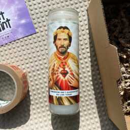 Saint Keanu Reeves Prayer Candle Scented Vegan Soy Wax, Handmade - thumbnail 3