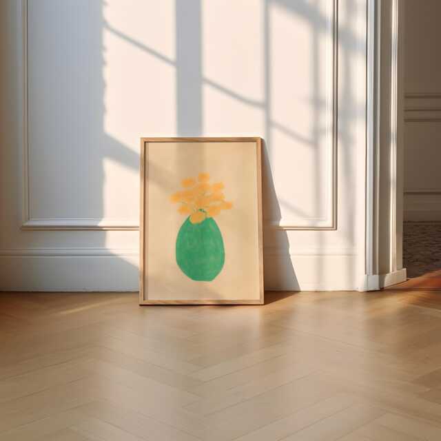 Yellow Flowers in Green Vase Unframed Print - Flower Prints Art Colourful Kitchen Posters Minimal Minimalistic Decor - image 1