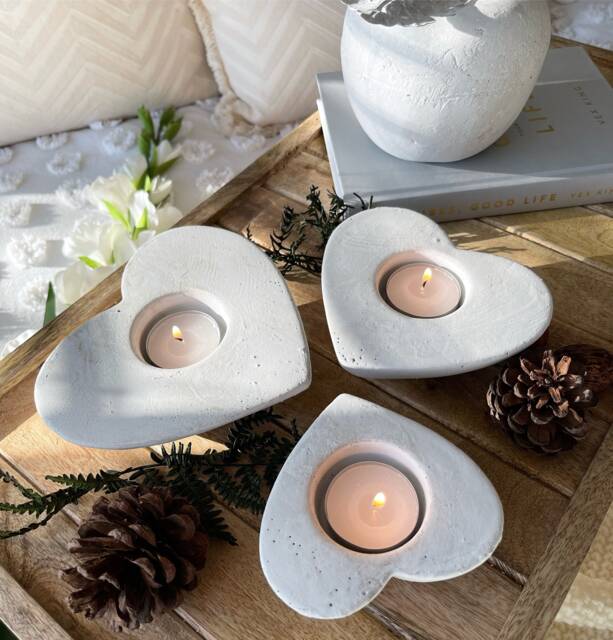 Set Of 3 Heart Stone Tealight Candleholders - Valentines