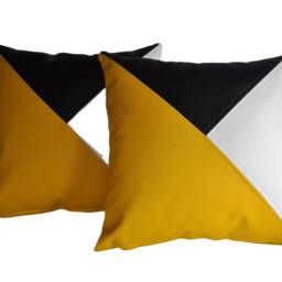 "2 Black Yellow & White Tri Style Faux Leather Cushion Covers 16"" 18"" 20" - thumbnail 2