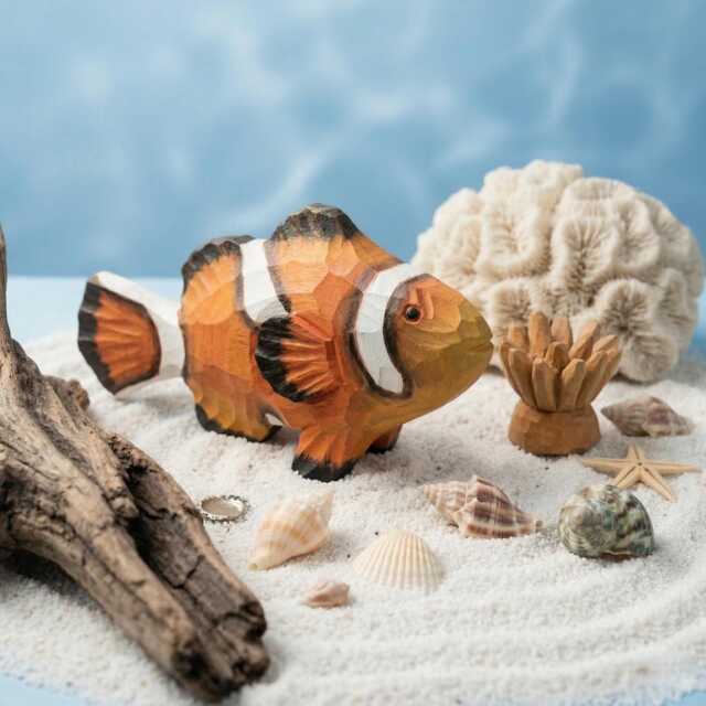 Hand Carved Wooden Clownfish Figurine, Nautical Nursery Decor, Tropical Sea Animal Sculpture, Painted Fish Ornament - image 1