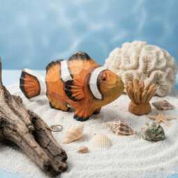 Hand Carved Wooden Clownfish Figurine, Nautical Nursery Decor, Tropical Sea Animal Sculpture, Painted Fish Ornament - thumbnail 1