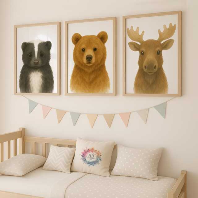 Woodland Nursery Wall Art - 30 Design Choices, Forest Animal Prints, Baby Bedroom Decor, Boys Girls Skunk Bear Moose Print, Kids Room Poster - image 1