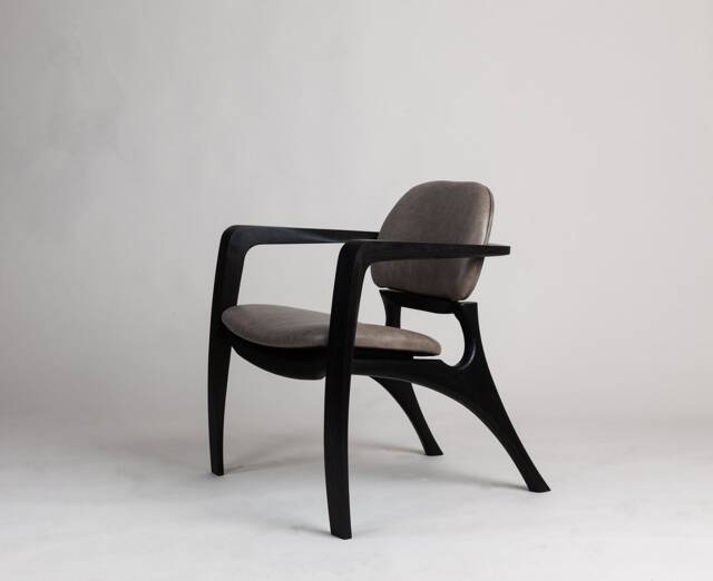 Sculptural Ebonized Oak Lounge Chair With Leather Seat - image 1